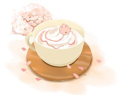  artist_name bird chai_(drawingchisanne) cherry_blossoms commentary cup food food_focus highres looking_at_viewer mug no_humans original petals simple_background sitting_on_food sweets_bird undersized_animal white_background 