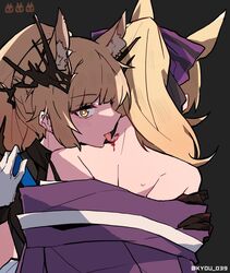  2girls animal_ear_fluff animal_ears arknights aunt_and_niece bare_shoulders biting black_background black_gloves blemishine_(arknights) blemishine_(moon_catastrborn)_(arknights) blonde_hair blood bow bright_pupils gloves hair_ornament hairbow hand_on_another&#039;s_shoulder highres horns incest kyou_039 long_hair multiple_girls nape neck_biting off_shoulder official_alternate_costume ponytail pulling_own_clothes purple_bow simple_background tongue tongue_out twitter_username upper_body whislash_(arknights) whislash_(glory_purple)_(arknights) white_gloves yellow_eyes yuri 