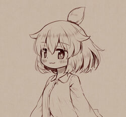  :3 ahoge arinu buttons closed_mouth commentary female long_sleeves looking_at_viewer monochrome original shirt short_hair simple_background smile solo upper_body yakiimo-chan 