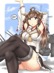  ahoge black_skirt boots breasts brown_hair cannon crossed_legs detached_sleeves double_bun female frilled_skirt frills hair_bun hairband headgear highres japanese_clothes kantai_collection kongou_(kancolle) kongou_kai_ni_(kancolle) long_hair medium_breasts nontraditional_miko panties purple_eyes ribbon-trimmed_sleeves ribbon_trim rigging sitting skirt solo thigh_boots thighhighs turret underwear white_panties yashio_(0321) 