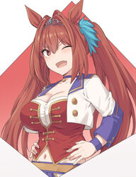  animal_ears breasts brown_hair cleavage collarbone daiwa_scarlet_(umamusume) female hair_intakes hands_on_own_hips horse_ears horse_girl large_breasts long_hair navel oerba_yun_fang one_eye_closed open_mouth red_eyes shiseki_hirame smile solo starting_future_(umamusume) tiara twintails umamusume upper_body very_long_hair 