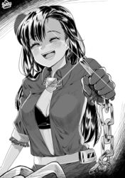  absurdres arizona_(azur_lane) azur_lane belt belt_pouch bra breasts chains commentary_request eyebrows female gloves greyscale hat highres long_hair mikuri_kamazirou monochrome open_clothes open_mouth open_shirt patch pouch reaching reaching_towards_viewer skirt solo tilted_headwear underwear yandere 