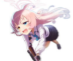  absurdres beretta_1301 blue_archive blue_eyes blue_necktie blue_skirt bullet cheenack collared_shirt female gun halo heterochromia highres holding holding_gun holding_weapon hoshino_(blue_archive) long_hair motion_blur necktie oerba_yun_fang open_mouth pink_hair pleated_skirt shirt shotgun shotgun_shell simple_background skirt solo weapon white_background white_shirt yellow_eyes 