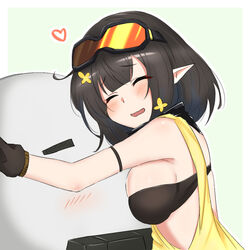  arknights arm_strap bandeau black_hair black_scarf breast_press breasts closed_eyes eunectes_(arknights) female goggles goggles_on_head heart hug lancet-2_(arknights) large_breasts light_blush maiq06 one-hour_drawing_challenge pointy_ears robot scarf short_hair smile strapless tube_top 