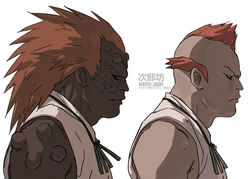  1boy brown_eyes character_name character_profile closed_mouth commentary dark-skinned_male dark_skin english_commentary fisher903 jiroubou_(naruto) long_hair male_focus mohawk naruto naruto_(series) ninja orange_hair reference_sheet shirt simple_background sleeveless sleeveless_shirt solo v-shaped_eyebrows white_background white_shirt 