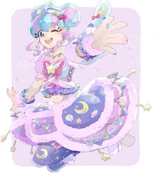  :d aikatsu!_(series) aikatsu_stars! bad_id bad_pixiv_id blue_hair boots bow commentary doughnut_hair_bun earrings female fur-trimmed_sleeves fur_trim hair_bun hair_ornament hair_up hairbow hanazono_kirara happy jewelry jumping kada_mha long_hair looking_at_viewer midriff multicolored_hair navel one_eye_closed open_mouth pink_hair purple_eyes ribbon shirt skirt smile solo star_(symbol) star_earrings thighhighs thighs two-tone_hair 