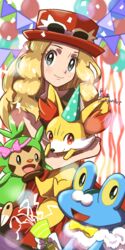  bare_arms blonde_hair blush bow chespin closed_mouth clothed_pokemon commentary_request confetti eyelashes eyewear_on_headwear female fennekin froakie green_headwear grey_eyes hat highres holding holding_pokemon long_hair pink_bow pokemon pokemon_(creature) pokemon_xy polka_dot_headwear red_headwear serena_(pokemon) sheyona smile sunglasses white-framed_eyewear yellow_bow 