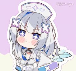  +_+ amane_kanata amane_kanata_(nurse) angel angel_wings blue_hair blue_wings blunt_bangs blush_stickers chibi chibi_only closed_mouth colored_inner_hair commentary english_commentary feathered_wings female gradient_wings grey_hair hat hololive kukie-nyan long_hair multicolored_hair multicolored_wings nurse nurse_cap official_alternate_costume official_alternate_hair_length official_alternate_hairstyle puffy_short_sleeves puffy_sleeves purple_eyes short_sleeves single_hair_intake smile solo twitter_username v-shaped_eyebrows virtual_youtuber white_wings wings 