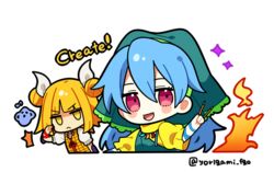  2girls :&lt; ^^^ apron aura bad_id bad_twitter_id between_fingers blonde_hair blue_hair blunt_bangs blush_stickers chibi commentary_request cropped_torso double_bun dress eighth_note english_text green_headwear hair_between_eyes hair_bun hair_ribbon hand_up haniwa_(statue) haniyasushin_keiki head_scarf holding jewelry joutouguu_mayumi long_hair looking_at_viewer magatama magatama_necklace multiple_girls musical_note necklace open_mouth ribbon salute shirt short_hair short_sleeves smile sparkle tools touhou twitter_username upper_body vambraces white_ribbon white_shirt yellow_dress yellow_eyes yoriteruru 