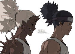  1boy alternate_form black_eyes black_hair black_sclera character_name character_profile closed_mouth colored_sclera curse_seal dark-skinned_male dark_skin extra_arms fisher903 forehead_protector grin horns kidoumaru_(naruto) male_focus monster_boy naruto naruto_(series) ninja open_mouth otogakure_symbol pointy_ears ponytail reference_sheet sharp_teeth shirt simple_background sleeveless sleeveless_shirt smile solo spikes teeth third_eye white_background white_hair 