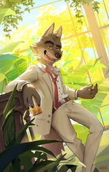  2022 4_fingers anthro beckoning belt beverage biped black_claws black_nose blue_sky bottomwear canid canine canis cheek_tuft chest_tuft claws clothed clothing container crossed_legs cup detailed_background dreamworks dress_shirt facial_tuft fingers fully_clothed fully_clothed_anthro fully_clothed_male fur gesture glass glass_container glass_cup grey_body grey_fur happy head_tuft hi_res holding_beverage holding_object jacket leaning leaning_on_object lokey looking_at_viewer male male_anthro mammal mr._wolf_(the_bad_guys) necktie pants pink_tongue plant portrait red_necktie sharp_teeth shirt signature sky smile solo standing suit teeth the_bad_guys three-quarter_portrait tongue topwear tree tuft white_bottomwear white_clothing white_jacket white_pants white_shirt white_suit white_topwear window wolf yellow_sclera 