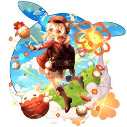  380_(380_taida) :d absurdres ahoge backpack bag bag_charm bloomers blue_sky boots brown_footwear brown_gloves cabbie_hat charm_(object) cloud cloudy_sky clover_print coat commentary_request detached_sleeves dodoco_(genshin_impact) female from_behind full_body genshin_impact gloves grass hair_between_eyes hat hat_feather hat_ornament highres hood hooded_coat jumpy_dumpty klee_(genshin_impact) knee_boots kneehighs light_brown_hair long_hair long_sleeves looking_at_viewer looking_back low_twintails open_mouth orange_eyes outstretched_arms pocket pointy_ears randoseru red_coat red_hat sidelocks sky smile socks solo spread_arms standing standing_on_one_leg twintails underwear vision_(genshin_impact) 