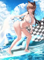  absurdres animal_ears atago_(azur_lane) azur_lane bad_id bad_pixiv_id bare_legs barefoot bikini breasts brown_eyes brown_hair checkered_flag cleavage closed_mouth cloud commentary day female flag highres holding large_breasts long_hair looking_at_viewer maanu navel ocean outdoors race_queen sky smile solo standing surfboard surfing swimsuit thighs white_bikini 