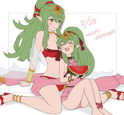  2girls aged_up ass bad_id bad_twitter_id bikini blush breasts cleavage closed_eyes collarbone dual_persona fire_emblem fire_emblem:_shadow_dragon_and_the_blade_of_light fire_emblem_awakening full_body gonzarez green_eyes green_hair hair_ornament highres hug jewelry long_hair multiple_girls one-piece_swimsuit open_mouth pointy_ears ponytail smile swimsuit tiara tiki_(adult)_(fire_emblem) tiki_(adult)_(summer)_(fire_emblem) tiki_(fire_emblem) tiki_(young)_(fire_emblem) tiki_(young)_(summer)_(fire_emblem) 