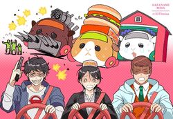  2boys black_hair driving female formal green_necktie guinea_pig gun hamburger_molcar holding holding_weapon molcar multiple_boys necktie office_lady ponytail potato&#039;s_driver_(pui_pui_molcar) pui_pui_molcar sazanami_misa shaded_face sharp_teeth shed shiromo&#039;s_driver_(pui_pui_molcar) shiromo_(pui_pui_molcar) suit sweat sweater teddy&#039;s_driver_(pui_pui_molcar) teddy_(pui_pui_molcar) teeth trigger_discipline weapon zombie 