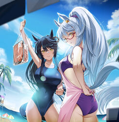  2girls animal_ears apron arm_up ass ass_visible_through_thighs bag bandaid bandaid_on_face bandaid_on_nose beach beach_umbrella bikini biwa_hayahide_(umamusume) black_hair breasts clenched_hands cloud collarbone commentary_request covered_navel cowboy_shot day food glasses highres horse_ears horse_girl horse_tail kuzumochi_(kuzumochiya) large_breasts lens_flare lifeguard_chair long_hair looking_at_viewer looking_back md5_mismatch meat multiple_girls narita_brian_(umamusume) one-piece_swimsuit outdoors palm_tree parted_lips plastic_bag ponytail purple_bikini semi-rimless_eyewear siblings sisters smile swimsuit tail tree tying_apron umamusume umbrella water white_hair yellow_eyes 