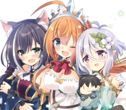  3girls :d ;d ahoge animal_ear_fluff animal_ears antenna_hair ascot bare_shoulders black_hair blue_eyes blue_sleeves blush bow breasts bridal_gauntlets cat_ears cat_girl character_doll cleavage commentary_request detached_sleeves dress elf flower gloves green_eyes green_sleeves grey_hair hair_flower hair_ornament hairbow hand_on_another&#039;s_shoulder highres hizuki_yayoi karyl_(princess_connect!) kokkoro_(princess_connect!) large_breasts long_hair long_sleeves low_twintails medium_breasts multicolored_hair multiple_girls oerba_yun_fang one_eye_closed open_mouth orange_hair pecorine_(princess_connect!) pointy_ears princess_connect! puffy_long_sleeves puffy_sleeves purple_eyes red_ascot red_bow revision see-through see-through_sleeves shirt sleeveless sleeveless_dress sleeveless_shirt smile streaked_hair tiara twintails upper_body very_long_hair white_dress white_flower white_gloves white_hair white_shirt wide_sleeves yuuki_(princess_connect!) 