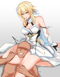  1boy absurdres bald bare_shoulders barefoot blonde_hair breasts cleavage clenched_teeth commentary_request detached_sleeves dress female genshin_impact gradient_background grey_background highres long_hair long_sleeves lumine_(genshin_impact) medium_breasts open_mouth scissorhold sitting teeth thighs watarase_piro white_dress 