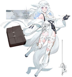  absurdres animal_ears bare_shoulders black_gloves blush boots breasts collar collared_shirt commentary_request detached_sleeves female floral_print flower full_body gloves highres holding holding_suitcase long_hair long_sleeves looking_at_viewer original parted_lips purple_eyes rapier shirt shokuen_(oxstl) simple_background smile solo suitcase sword tail thighhighs translation_request watch weapon white_background white_flower white_footwear white_hair white_headwear white_shirt white_thighhighs wide_sleeves 