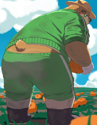  9dtq0 absurd_res anthro ass bear bent_over blush boots brown_body brown_fur clothing eyebrows eyewear farmer food footwear fruit fur gardening glasses gloves handwear hat headgear headwear hi_res lifewonders male mammal outside plant pumpkin solo straw_hat thick_eyebrows tokyo_afterschool_summoners volos_(tas) 