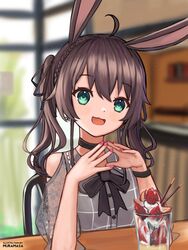  :3 absurdres animal_ears artist_name bad_id bad_twitter_id black_bow black_choker blurry blurry_background blush bow brown_hair choker cowlick female green_eyes head_tilt highres hololive inactive_account kemonomimi_mode looking_at_viewer muramasa_dash natsuiro_matsuri natsuiro_matsuri_(casual) open_mouth own_hands_together parfait pink_nails rabbit_ears sitting smile solo twintails variant_set virtual_youtuber 