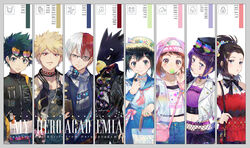  4boys 4girls adjusting_eyewear alternate_costume alternate_eye_color alternate_hair_color asui_tsuyu bag bakugou_katsuki barcode belt black_hair blonde_hair boku_no_hero_academia bow breasts brown_eyes candy character_name collar column_lineup copyright_name dress ekita_kuro eyewear_on_headwear fashion food freckles glasses goggles goggles_around_neck green_eyes green_hair hair_ornament hair_pulled_back hairpin hat hat_under_hood heterochromia holding holding_bag hood hood_up jacket jirou_kyouka large_breasts leather leather_jacket lollipop looking_at_viewer midoriya_izuku midriff multicolored_hair multiple_boys multiple_girls pink_belt pink_bow ponytail purple_eyes purple_hair qr_code red_eyes red_hair sailor_dress scarf short_hair sidelocks spiked_collar spiked_hair spikes split-color_hair sunglasses todoroki_shouto tokoyami_fumikage two-tone_hair uraraka_ochako white_background white_hair yaoyorozu_momo 