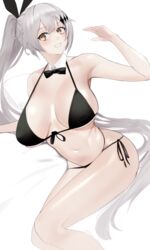  absurdly_long_hair animal_ears arm_support armpits artist_name bare_legs bikini black_bikini black_bow blush bow bowtie breasts breasts_apart commentary_request detached_collar fake_animal_ears feet_out_of_frame female five-seven_(cruise_queen)_(girls&#039;_frontline) five-seven_(girls&#039;_frontline) from_above from_side front-tie_bikini_top front-tie_top girls&#039;_frontline grey_hair grin hair_ornament halterneck hand_on_floor hand_up head_tilt high_ponytail highleg highleg_bikini highres kneepits large_breasts legs legs_together long_hair looking_at_viewer lying multi-strapped_bikini nail_polish navel official_alternate_costume on_floor on_side open_mouth orange_nails ponytail rabbit_ears saturndxy shiny_skin simple_background skindentation smile solo sparkle_hair_ornament strap_gap string_bikini swimsuit thighs twitter_username very_long_hair white_background wide_hips yellow_eyes 