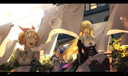  3girls :d bangsutur blonde_hair blue_hair bow_hairband dress frederica_baumann frilled_dress frills green_eyes hair_bun hair_ornament hairband highres laundry laundry_basket letterboxed long_hair maid maid_headdress meili_portroute multiple_girls open_mouth orange_hair petra_leyte re:zero_kara_hajimeru_isekai_seikatsu red_ribbon ribbon roswaal_mansion_maid_uniform sharp_teeth short_hair single_hair_bun smile teeth tree 