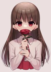  blush brown_hair cropped_torso dot_nose dress female flower flower_over_mouth grey_background highres holding holding_flower ib_(ib) ib_(kouri) konogi_nogi long_hair long_sleeves looking_at_viewer red_dress red_eyes red_flower red_rose rose shirt signature simple_background smelling_flower solo twitter_username upper_body white_shirt 