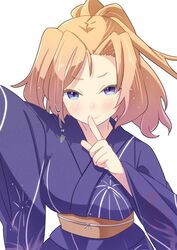  blonde_hair blue_eyes blue_kimono commentary_request cowboy_shot female finger_to_mouth honolulu_(kancolle) index_finger_raised japanese_clothes kantai_collection kimono long_hair official_alternate_costume ponytail sanninme_no_haru simple_background solo white_background yukata 