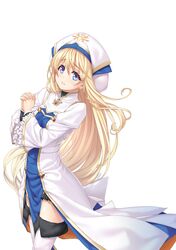  absurdres blonde_hair blue_eyes boots breasts brooch collared_dress commentary_request dress female floating_hair frilled_sleeves frills fur_trim ga_bunko goblin_slayer! gold_trim hat highres jewelry kannatsuki_noboru long_hair long_sleeves looking_at_viewer looking_to_the_side multicolored_clothes multicolored_hat novel_illustration official_art own_hands_clasped own_hands_together parted_lips priestess_(goblin_slayer!) second-party_source simple_background small_breasts solo standing star_(symbol) thigh_boots thighhighs very_long_hair white_background white_dress white_hat white_thighhighs 