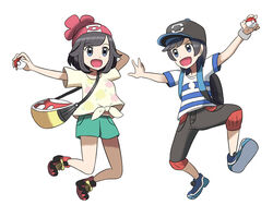  1boy :d backpack bag baseball_cap beanie black_hair boots elio_(pokemon) female hat holding holding_poke_ball jumping miin_(toukotouya) open_mouth poke_ball poke_ball_(basic) pokemon pokemon_sm selene_(pokemon) shirt shoes short_shorts shorts smile sneakers striped_clothes striped_shirt t-shirt z-ring 