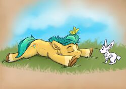  ambiguous_gender arthropod butterfly cutie_mark earth_pony equid equine feral fur grass group hasbro hi_res hitch_trailblazer_(mlp) hooves horse inner_ear_fluff insects lagomorph lepidopteran leporid male mammal mlp_g5 my_little_pony plant pony rabbit rutkotka sleeping trio tuft yellow_body yellow_fur 