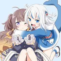  2girls ;&lt; anya_melfissa anya_melfissa_(1st_costume) black_dress blonde_hair blue_background blue_hair blush brown_hair dress felutiahime fins fish_tail gawr_gura gawr_gura_(1st_costume) gradient_hair grey_hair highres holding_another&#039;s_arm hololive hololive_english hololive_indonesia hug multicolored_hair multiple_girls one_eye_closed open_mouth purple_eyes shark_tail sharp_teeth streaked_hair tail teeth two_side_up v-shaped_eyebrows virtual_youtuber 