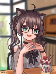  :3 absurdres animal_ears artist_name bad_id bad_twitter_id black_bow black_choker blurry blurry_background blush bow brown_hair cat_ears cat_girl choker cowlick female glasses green_eyes head_tilt highres hololive inactive_account kemonomimi_mode looking_at_viewer muramasa_dash natsuiro_matsuri natsuiro_matsuri_(casual) open_mouth own_hands_together parfait pink_nails sitting smile solo twintails variant_set virtual_youtuber 