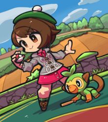  blush bob_cut boots brick_wall brown_eyes brown_footwear brown_hair buttons cable_knit cardigan chibi closed_mouth cloud collared_dress commentary_request day dress female gloria_(pokemon) green_headwear green_legwear grey_cardigan grookey hat holding holding_poke_ball hooded_cardigan ibara. outdoors pink_dress plaid plaid_socks poke_ball poke_ball_(basic) pokemon pokemon_(creature) pokemon_swsh short_hair sky smile socks standing tam_o&#039;_shanter 