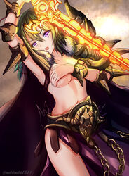  armor armpits bad_id bad_pixiv_id breasts byleth_(female)_(fire_emblem) byleth_(fire_emblem) cape chains clear_glass_(mildmild1311) collarbone commentary_request cosplay covering_breasts covering_privates cowboy_shot female fire_emblem fire_emblem:_three_houses fur-trimmed_cape fur_trim green_hair hair_between_eyes highres large_breasts long_hair looking_at_viewer navel nemesis_(fire_emblem) nemesis_(fire_emblem)_(cosplay) open_mouth purple_cape purple_eyes purple_skirt shoulder_armor sidelocks skirt solo standing stomach sword_of_the_creator teeth twitter_username upper_teeth_only vambraces 