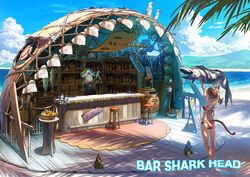  1boy absurdres alcohol animal apple arms_up bar_(place) barrel bartender beach bikini bird blue_sky bottle bow bowtie branch brown_hair carpet cat_girl cocktail_shaker commentary counter dated day drawing_(object) english_text facial_hair female fish food formal fruit fruit_basket hammerhead_shark hanging_food highres holding holding_animal holding_fish lantern long_hair menu_board mountainous_horizon moustache octopus orange_(fruit) original outdoors pineapple ponytail rope scenery seagull shade shadow shelf shell sign signature sky stool suit swimsuit whale wine_bottle wooden_floor yellow_bow yellow_bowtie yuanmaru 