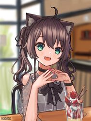  :3 absurdres animal_ears artist_name bad_id bad_twitter_id black_bow black_choker blurry blurry_background blush bow brown_hair cat_ears cat_girl choker cowlick female green_eyes head_tilt highres hololive inactive_account kemonomimi_mode looking_at_viewer muramasa_dash natsuiro_matsuri natsuiro_matsuri_(casual) open_mouth own_hands_together parfait pink_nails sitting smile solo twintails variant_set virtual_youtuber 