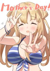  ^_^ ^o^ bikini bikini_top_only blonde_hair blush breasts closed_eyes double_bun double_v female fletcher_(kancolle) hair_bun kantai_collection large_breasts long_hair mother&#039;s_day sanninme_no_haru simple_background smile solo swimsuit upper_body v w 