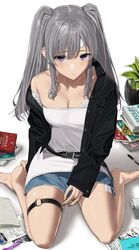  bandaid bandaid_on_breast bandaid_on_hand bare_legs barefoot black_jacket blue_shorts blush book breasts cleavage closed_mouth commentary female grey_hair highres idolmaster idolmaster_shiny_colors jacket long_hair long_sleeves looking_at_viewer medium_breasts noeru off_shoulder open_clothes open_jacket pen plant potted_plant purple_eyes shirt short_shorts shorts sidelocks sitting solo thigh_strap twintails wariza white_shirt yukoku_kiriko 