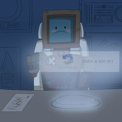  1boy :d backwards_text blush_stickers captcha chair commentary crossed_bandaids cytus eizui english_commentary english_text framed frown google heart highres holographic_interface joints monitor monochrome_background no_humans photoshop_(medium) pointing robo_head_(cytus) robot robot_joints smile smiley_face solo wire |_| 