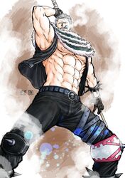  1boy abs alternate_costume alternate_facial_hair bara bare_pectorals beard black_pants bulge charlotte_katakuri charlotte_katakuri_(cosplay) cigar cosplay denim facial_hair feet_out_of_frame from_below gloves holding holding_weapon jeans knee_spikes kokorozashi male_focus mature_male muscular muscular_male navel nipples one_piece open_clothes over_shoulder pants pectorals short_hair sideburns sleeveless smoker_(one_piece) smoking solo stomach stubble thighs tusks vest weapon weapon_over_shoulder weapon_request white_hair 