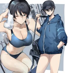  absurdres armpits bag barbell baseball_cap black_bag black_hair blue_eyes blue_hoodie blue_jacket blue_sports_bra breasts breath cleavage collarbone commentary duffel_bag feet_out_of_frame female hand_in_pocket hat highres holding holding_bag holding_strap hood hoodie jacket kyoyakyo large_breasts multiple_views navel one_eye_closed open_bag original parted_lips power_rack punching_bag short_hair sports_bikini sports_bra standing steaming_body sweat symbol-only_commentary tomboy towel tsurime zipper zipper_pull_tab 