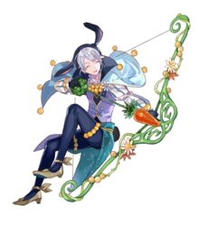  1boy :d ^_^ arrow_(projectile) black_gloves blue_cape blue_pantyhose blue_vest bow_(weapon) cape closed_eyes drawing_bow fire_emblem fire_emblem_awakening fire_emblem_heroes flower gloves grey_hair henry_(fire_emblem) henry_(spring)_(fire_emblem) high_heels highres holding holding_arrow holding_bow_(weapon) holding_weapon long_sleeves male_focus non-web_source official_art open_mouth orange_flower pantyhose short_hair smile solo tobi_(kotetsu) transparent_background vest weapon white_flower 