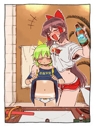  +++ 2girls alternate_costume beer_bottle blush bow bow_panties breasts brown_hair closed_eyes closed_mouth clothes_lift commentary_request cookie_(touhou) cowboy_shot daiyousei diyusi_(cookie) dolphin_shorts flat_chest frilled_bow frilled_hair_tubes frills gedougawa green_hair hair_tubes hairbow hakurei_reimu indoors large_breasts lifting_own_clothes long_hair medium_bangs mirror multiple_girls navel noel_(cookie) open_mouth panties red_bow red_shorts reflection shirt shirt_lift shorts smile tan tanlines touhou towel towel_rack underwear very_long_hair watch white_panties white_shirt wristwatch yellow_bow 