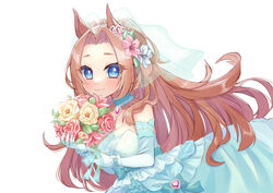  absurdres animal_ears bare_shoulders blue_eyes blush bouquet breasts bridal_veil brooch brown_hair choker cleavage closed_mouth collarbone commentary_request dress ear_ornament elbow_gloves female flower frilled_dress frills gloves green_choker green_dress hair_flower hair_ornament highres holding holding_bouquet horse_ears horse_girl ikanago jewelry kawakami_princess_(bride-to-be!!)_(umamusume) kawakami_princess_(umamusume) large_breasts long_hair looking_at_viewer official_alternate_costume parted_bangs puffy_dress ribbon sidelocks simple_background smile solo standing strapless strapless_dress tiara umamusume upper_body veil wedding_dress white_background wrist_ribbon 