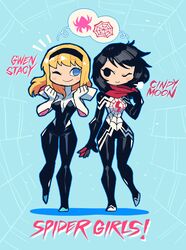  2girls absurdres black_hair blonde_hair blue_eyes bodysuit breasts character_name cindy_moon closed_mouth english_commentary full_body gwen_stacy highres hood hooded_bodysuit long_hair marvel medium_breasts multiple_girls one_eye_closed rariatto_(ganguri) short_hair silk_(marvel) smile spider-gwen spider-man_(series) standing superhero_costume 