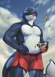  2022 ambient_bird ambient_flier ambient_silhouette anthro avian bandana belly beverage big_belly bird black_body black_tail black_tongue blue_bandanna blue_eyes blue_kerchief blue_sky cetacean cloud dated dolphin front_view glistening glistening_eyes group hi_res holding_beverage holding_object kerchief korpy lostgoose male mammal marine multicolored_tongue muscular muscular_anthro muscular_male navel oceanic_dolphin orca overweight overweight_anthro overweight_male pink_tongue portrait signature silhouette sky solo_focus sparkles tail teeth three-quarter_portrait tongue toothed_whale two_tone_tongue white_body white_tail 