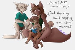  3:2 anthro basitin book brown_body brown_eyes brown_fur brown_hair canid canine canis chest_tuft closed_eyes crouching duo english_text fan_character female fur grey_body grey_fur grey_hair hair hybrid keidran keith_keiser male mammal natani on_lap parent_(lore) parent_and_child_(lore) reading reading_book simple_background sitting smile spread_legs spreading tail text tongue tuft twokinds wolf wolfie-pawz yellow_eyes young young_anthro 